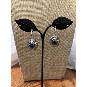 Sterling Silver/925 Dangle Drop Earrings Black Center Stone
